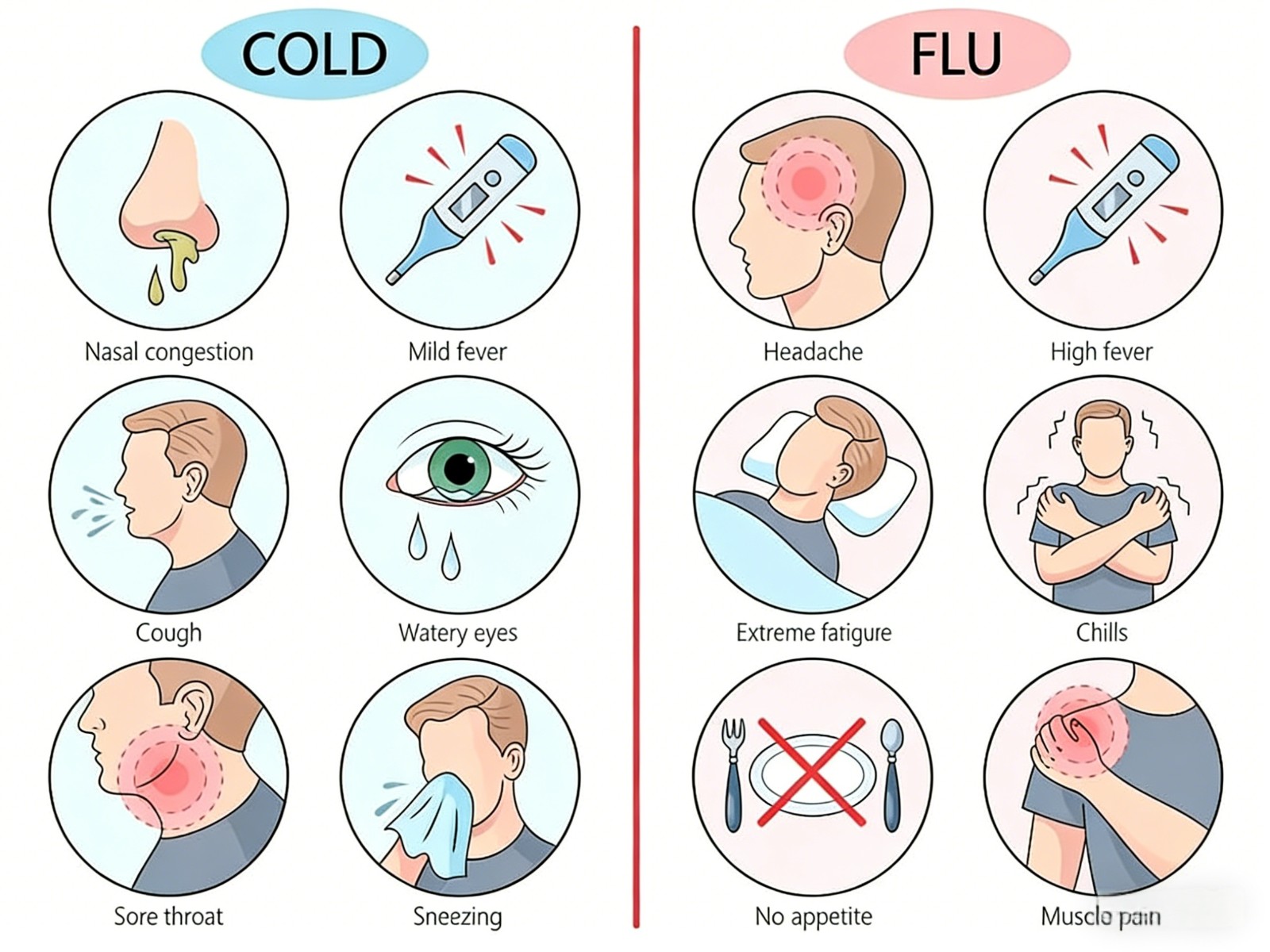 流感（Flu）与普通感冒（Cold）的核心区别